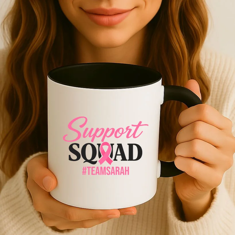 Custom Support Squad Breast Cancer Awareness Coffee Mug - Front 2