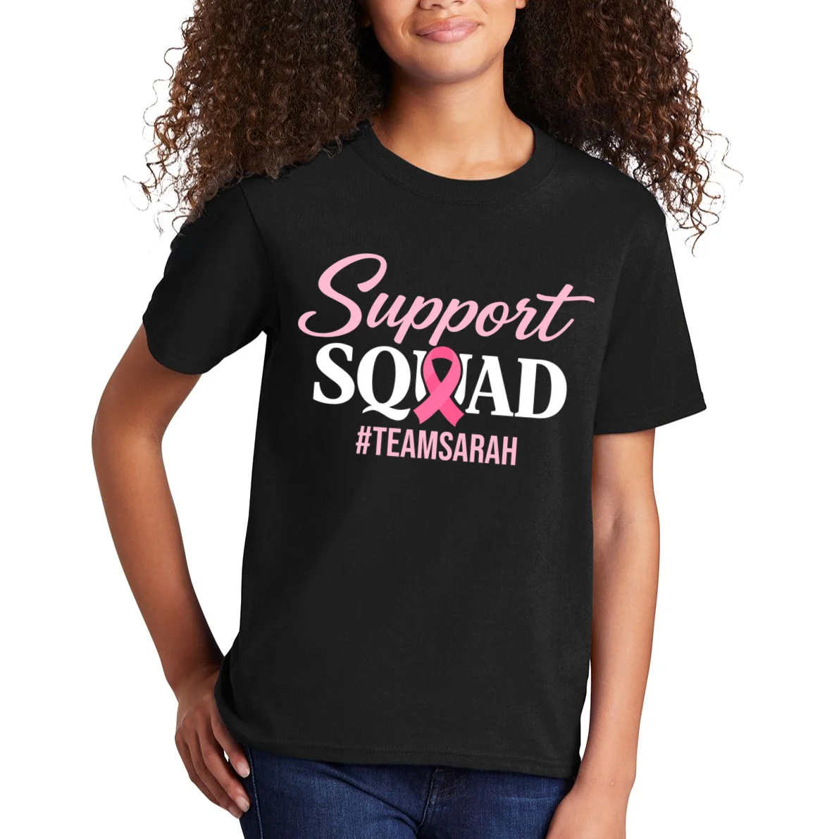 Custom Support Squad Breast Cancer Awareness Kids T-Shirt - Front 1