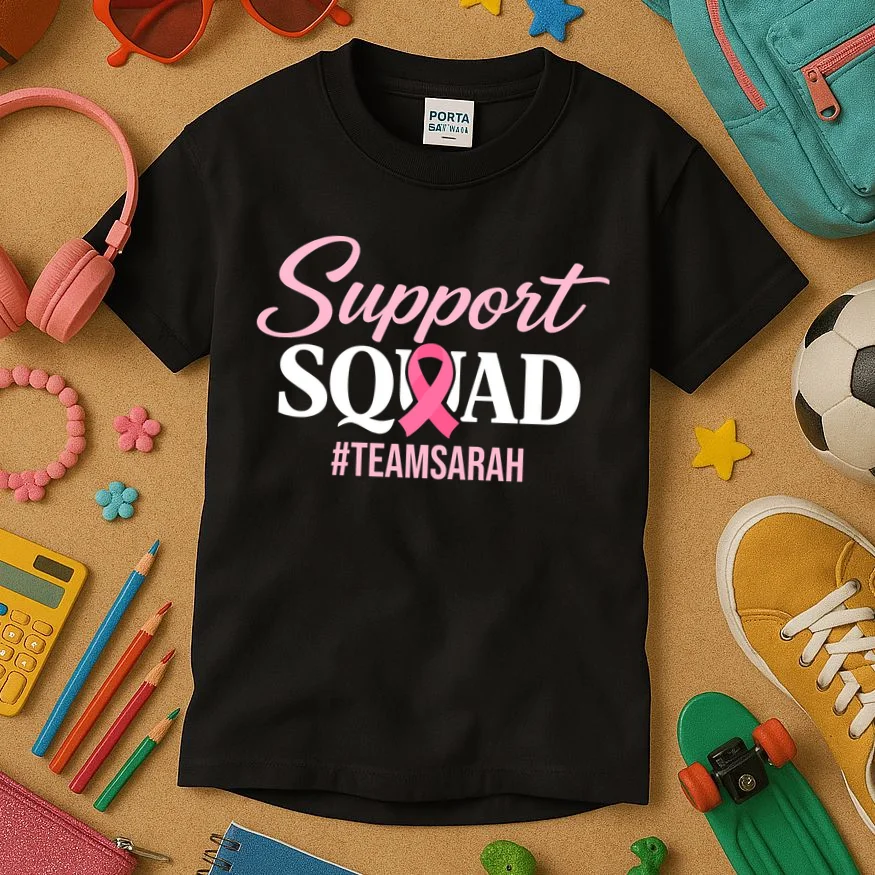 Custom Support Squad Breast Cancer Awareness Kids T-Shirt - Front 2
