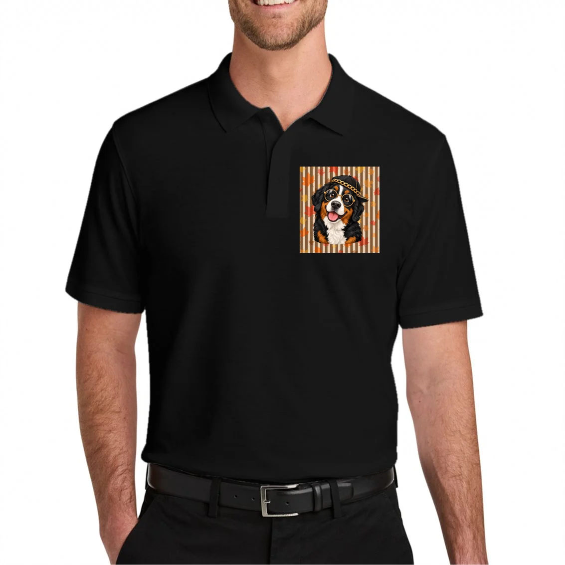 Custom Dog Portrait Fall Leaves – Personalized Autumn Pet Photo Design Men's Polo - Front 1