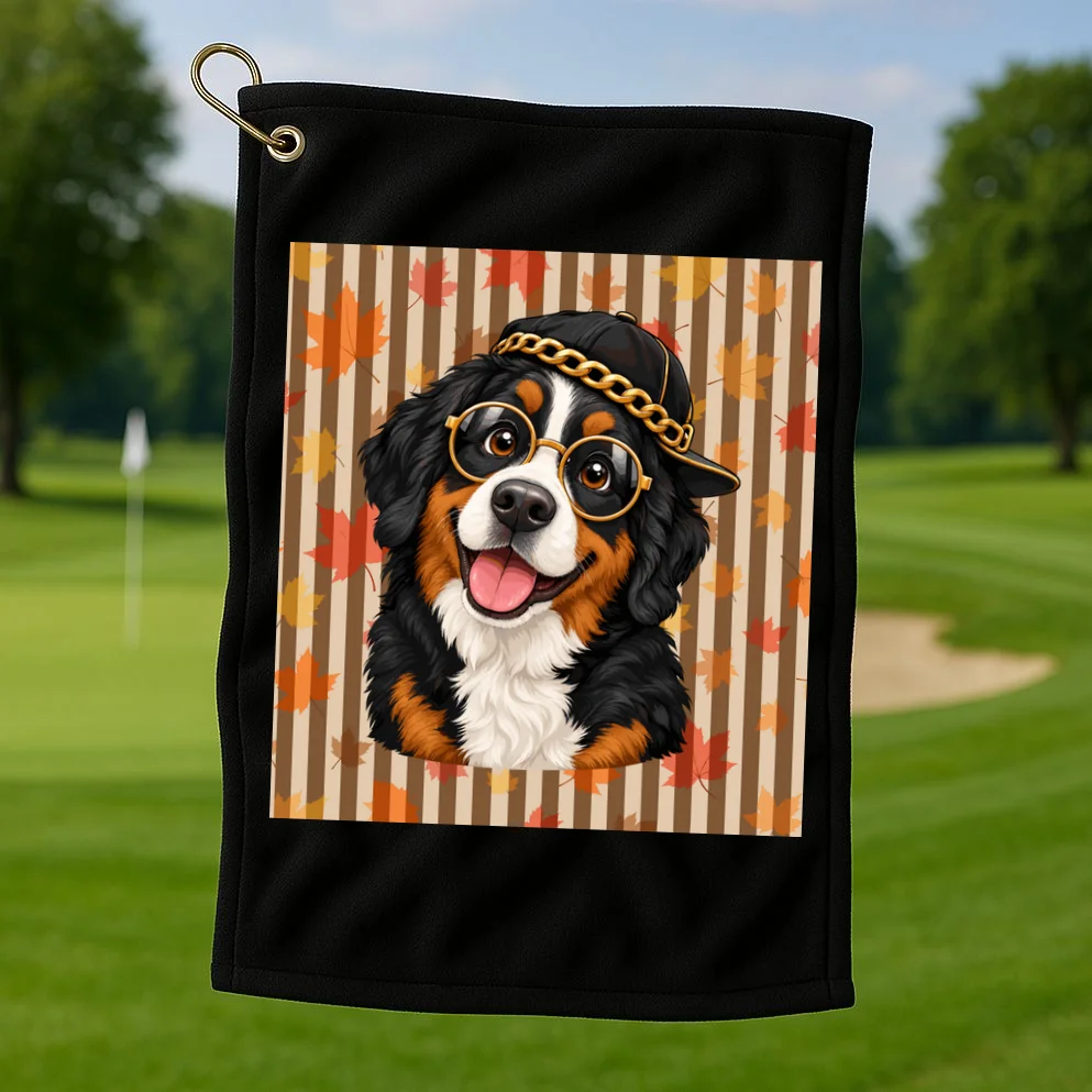 Custom Dog Portrait Fall Leaves – Personalized Autumn Pet Photo Design Golf Towel - Front 1