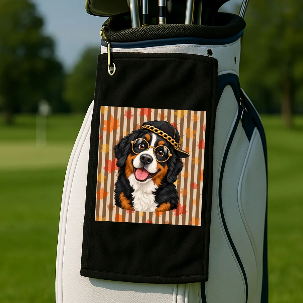 Custom Dog Portrait Fall Leaves – Personalized Autumn Pet Photo Design Golf Towel - Front 2