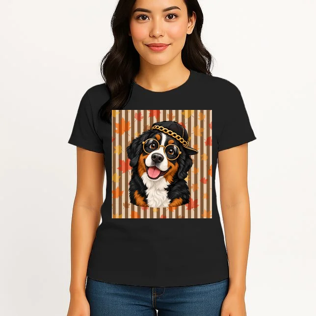Custom Dog Portrait Fall Leaves – Personalized Autumn Pet Photo Design Women's T-Shirt - Front 3