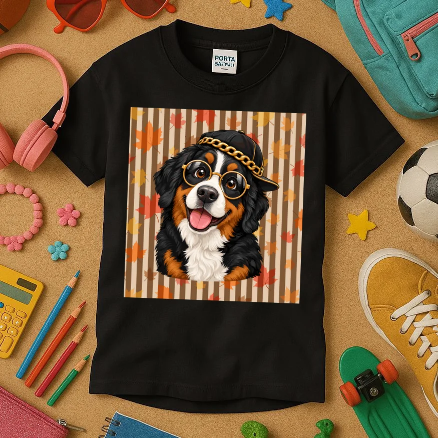 Custom Dog Portrait Fall Leaves – Personalized Autumn Pet Photo Design Kids T-Shirt - Front 2