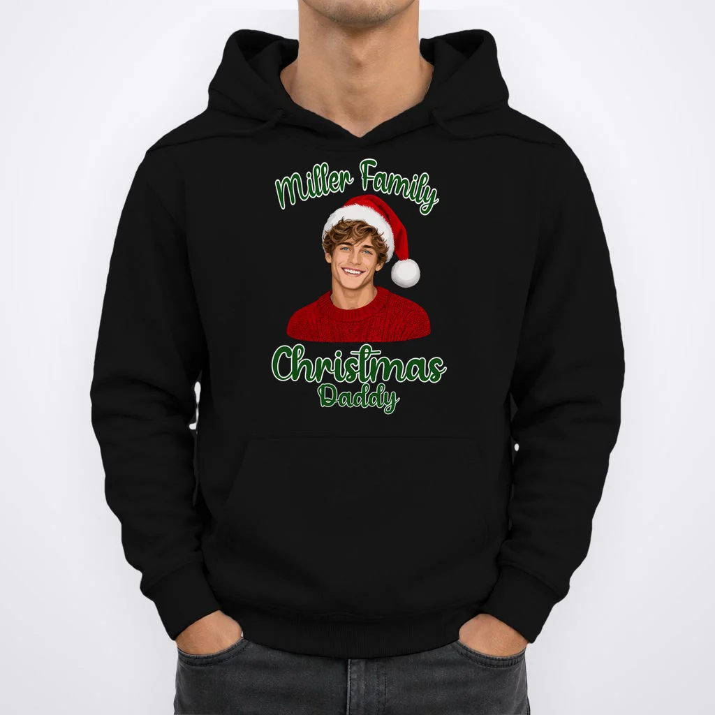Christmas Portrait Illustration – Santa Hat & Festive Typography Men's Hoodie - Front 1