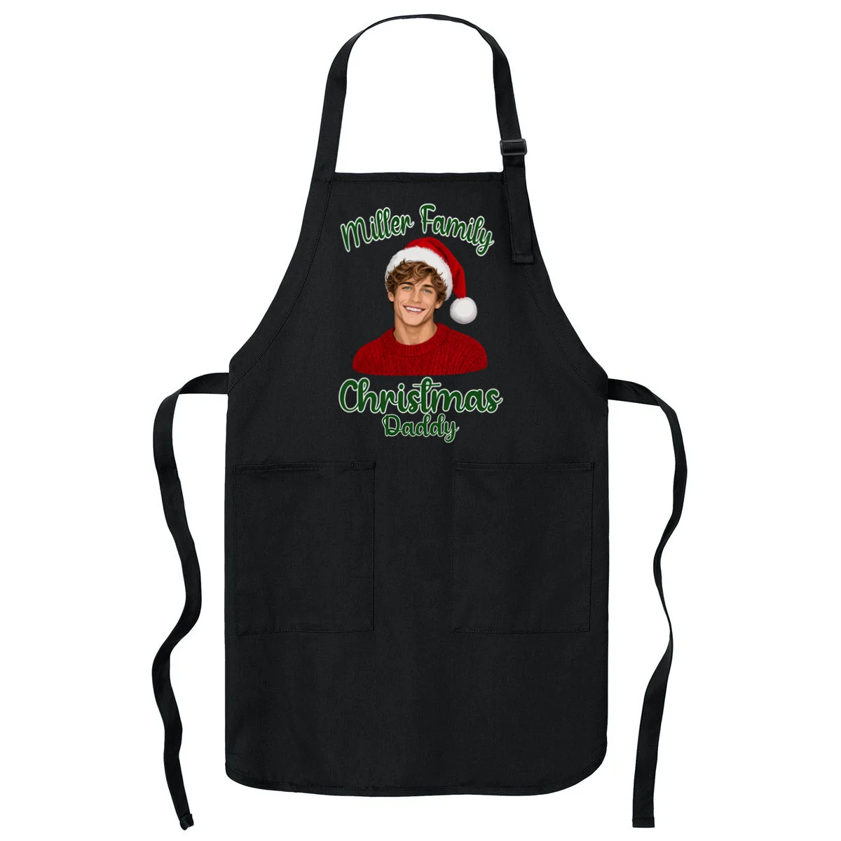 Christmas Portrait Illustration – Santa Hat & Festive Typography Apron - Front