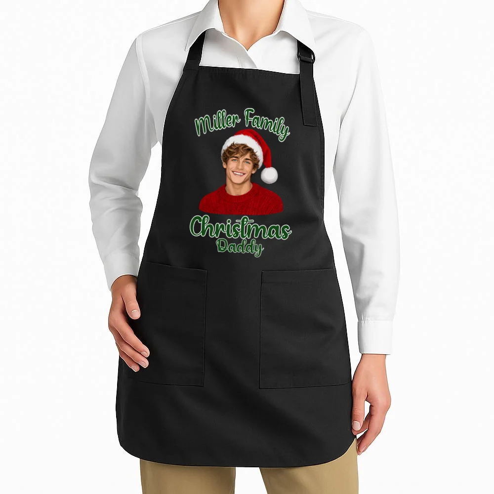 Christmas Portrait Illustration – Santa Hat & Festive Typography Apron - Front 1