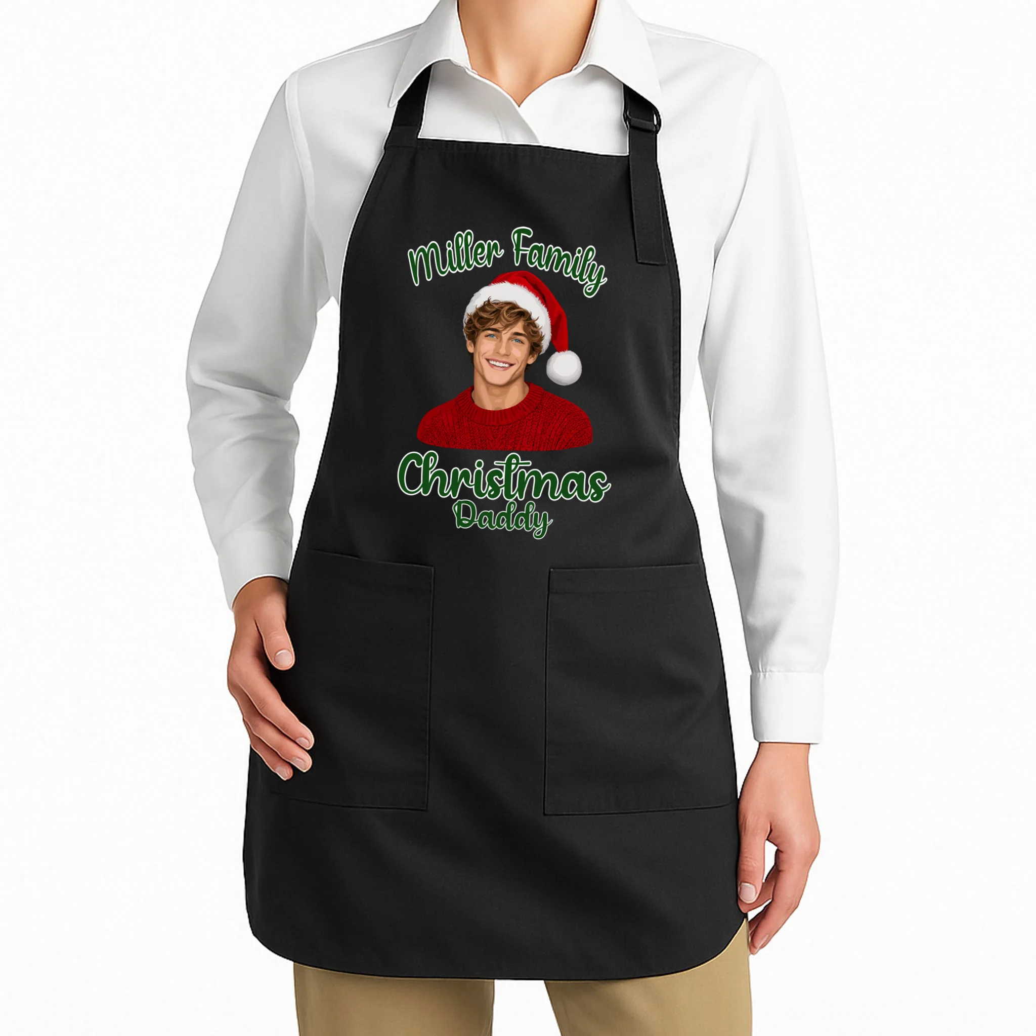 Christmas Portrait Illustration – Santa Hat & Festive Typography Apron - Front 1