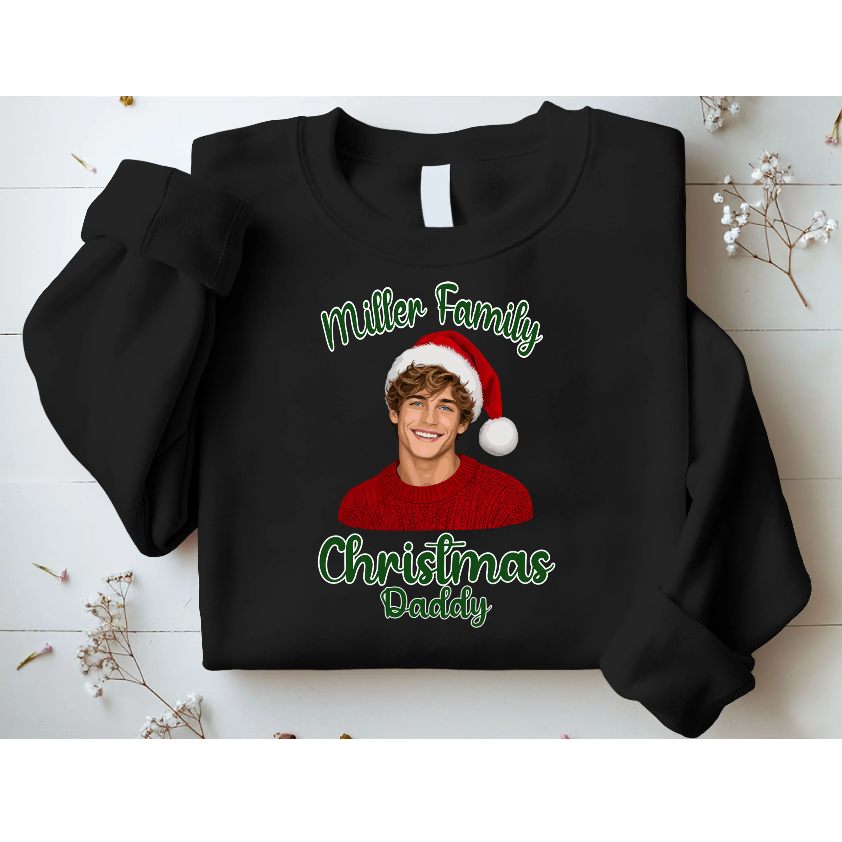 Christmas Portrait Illustration – Santa Hat & Festive Typography Men's Sweatshirt - Front 1