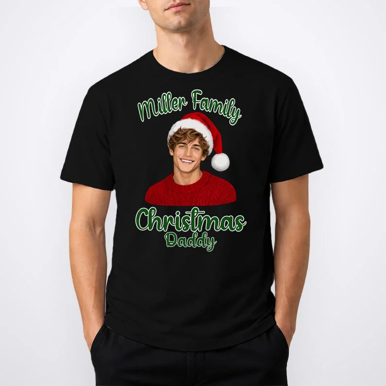 Christmas Portrait Illustration – Santa Hat & Festive Typography Men's T-Shirt - Front 1
