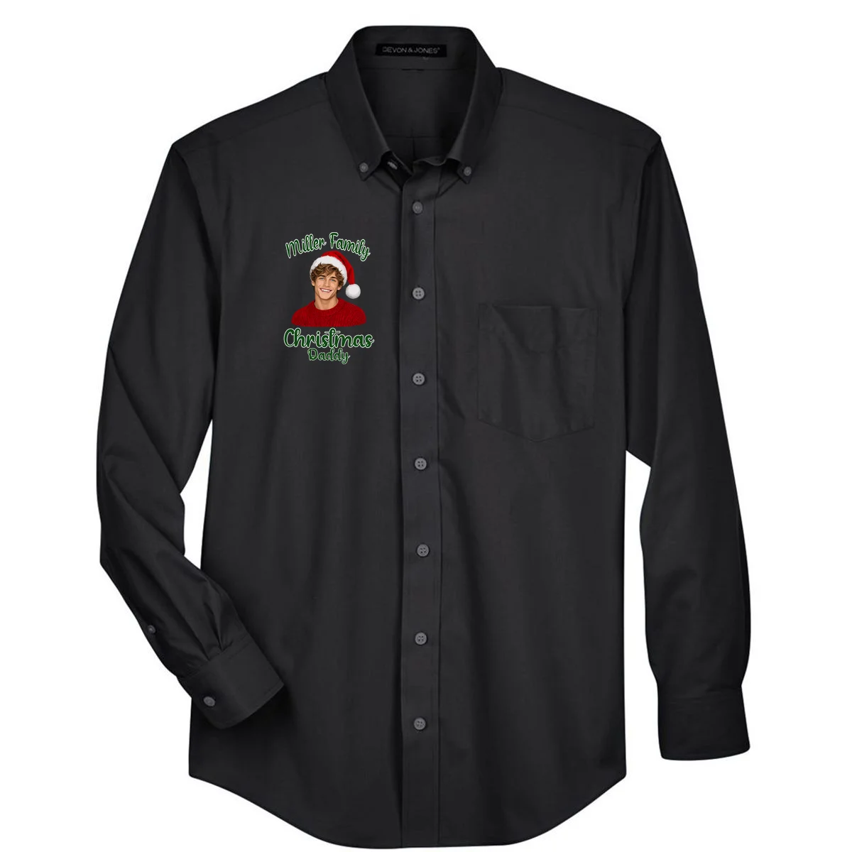 Christmas Portrait Illustration – Santa Hat & Festive Typography Men's Button Up - Front