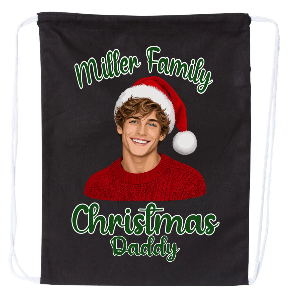 Christmas Portrait Illustration – Santa Hat & Festive Typography Drawstring Bag - Front