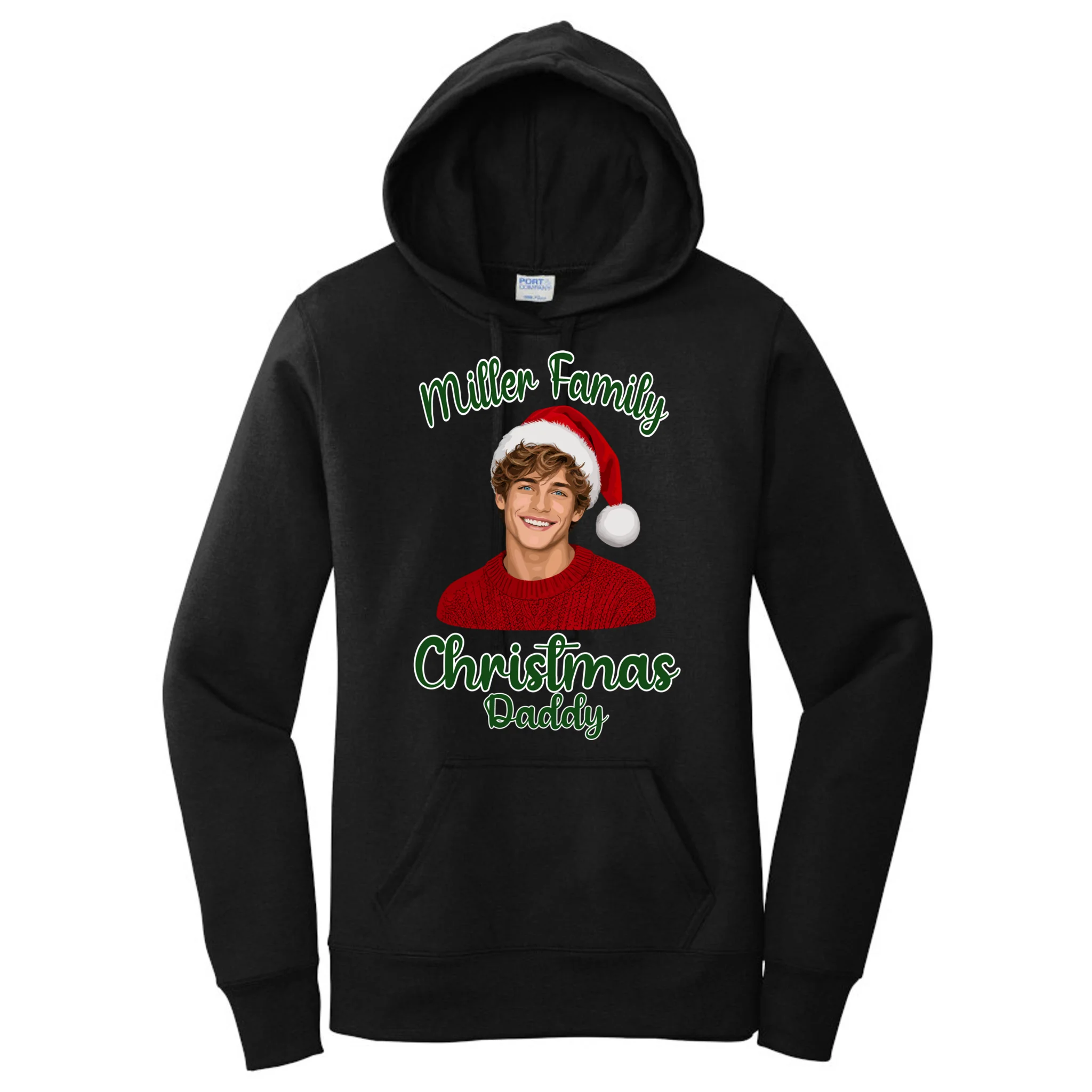 Christmas Portrait Illustration – Santa Hat & Festive Typography Women's Pullover Hoodie - Front