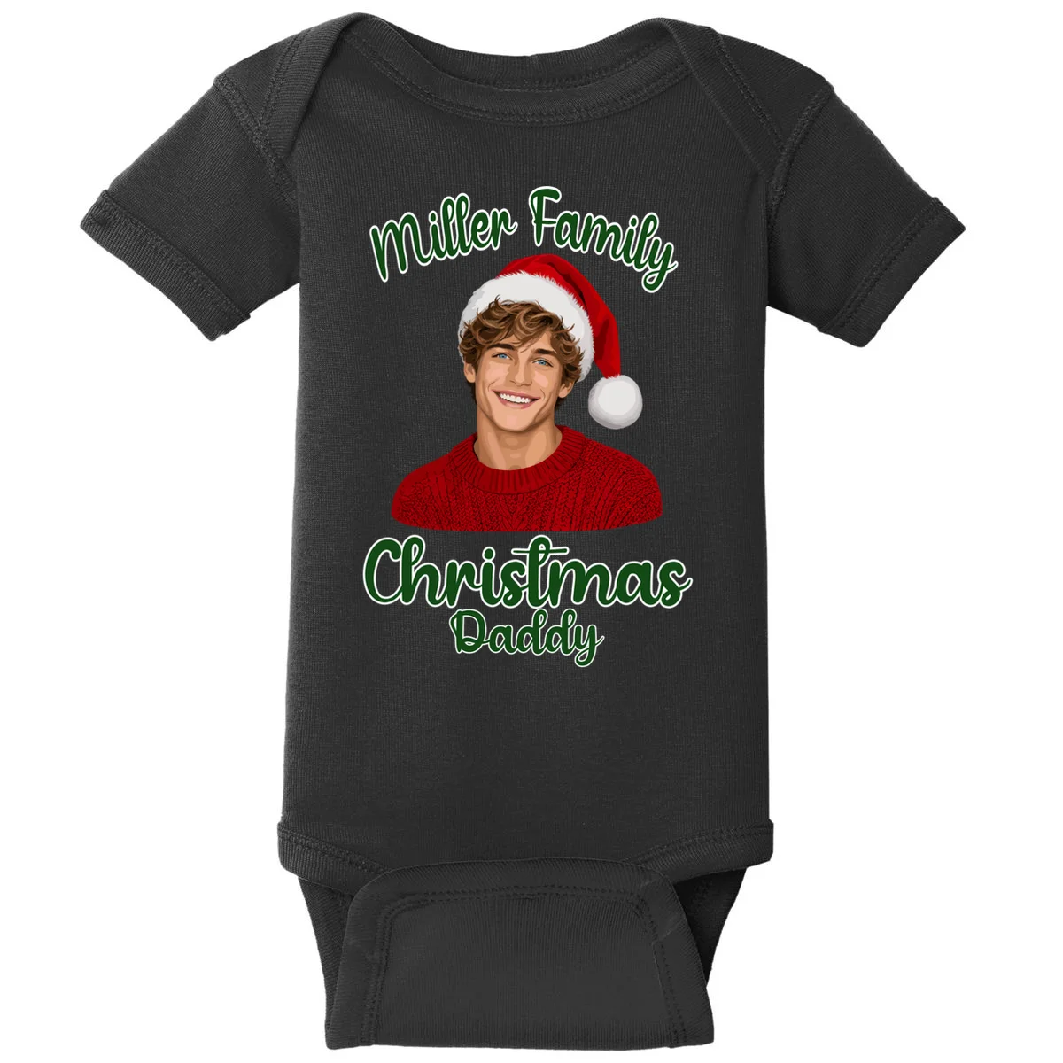 Christmas Portrait Illustration – Santa Hat & Festive Typography Baby Bodysuit - Front