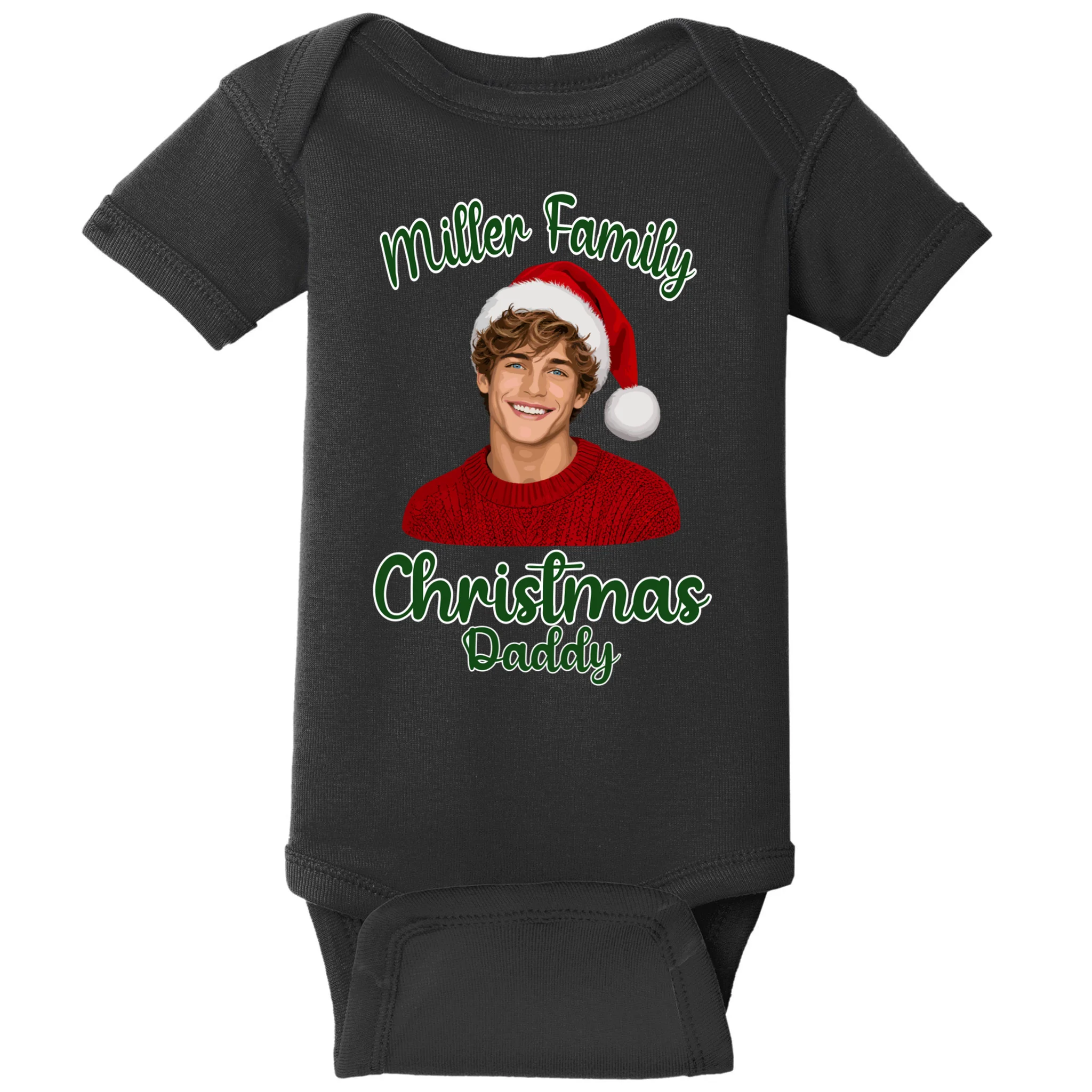 Christmas Portrait Illustration – Santa Hat & Festive Typography Baby Bodysuit - Front