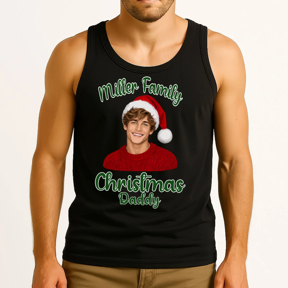 Christmas Portrait Illustration – Santa Hat & Festive Typography Men's Tank Top - Front 2