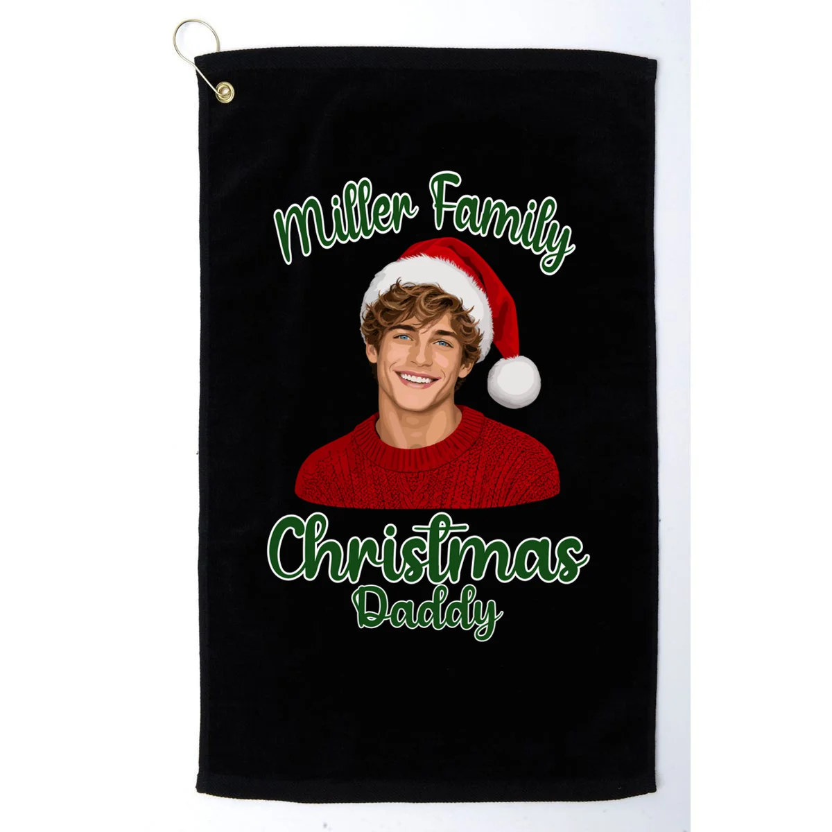 Christmas Portrait Illustration – Santa Hat & Festive Typography Golf Towel - Front