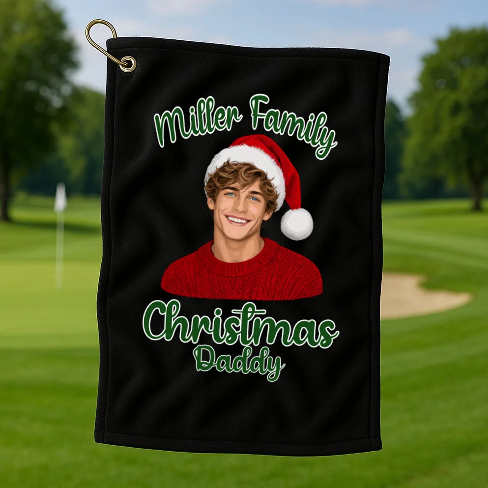 Christmas Portrait Illustration – Santa Hat & Festive Typography Golf Towel - Front 1