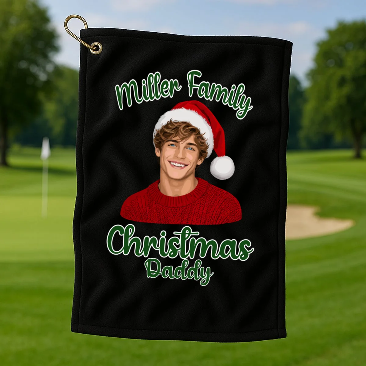 Christmas Portrait Illustration – Santa Hat & Festive Typography Golf Towel - Front 1