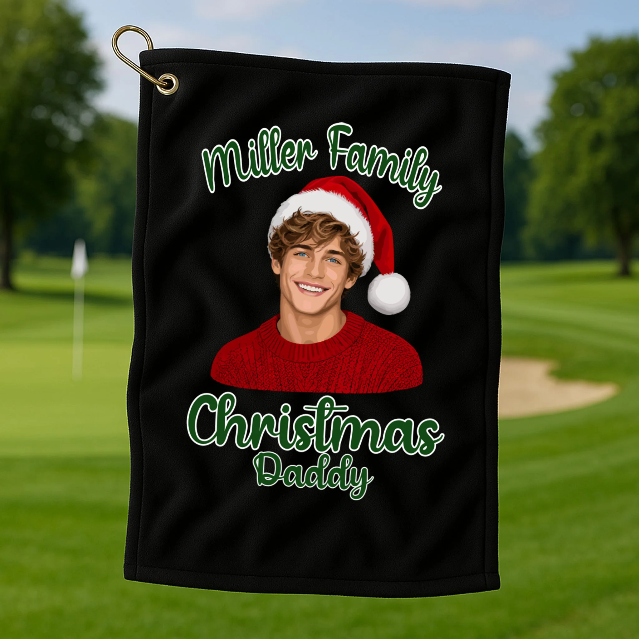 Christmas Portrait Illustration – Santa Hat & Festive Typography Golf Towel - Front 1