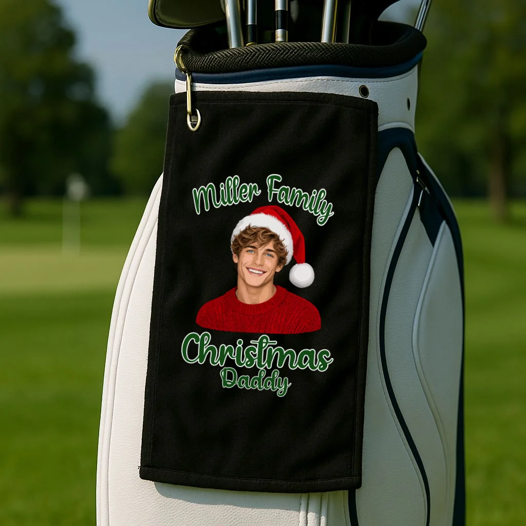 Christmas Portrait Illustration – Santa Hat & Festive Typography Golf Towel - Front 2