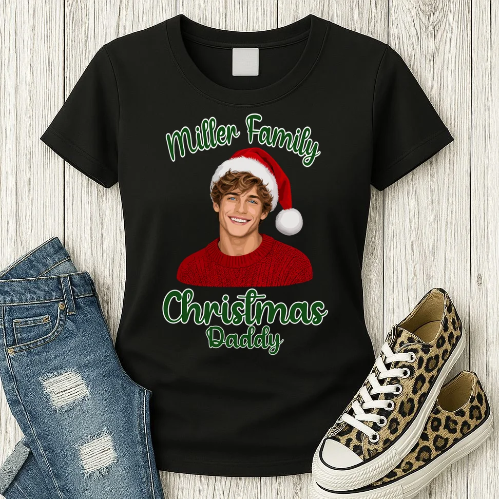 Christmas Portrait Illustration – Santa Hat & Festive Typography Women's T-Shirt - Front 2