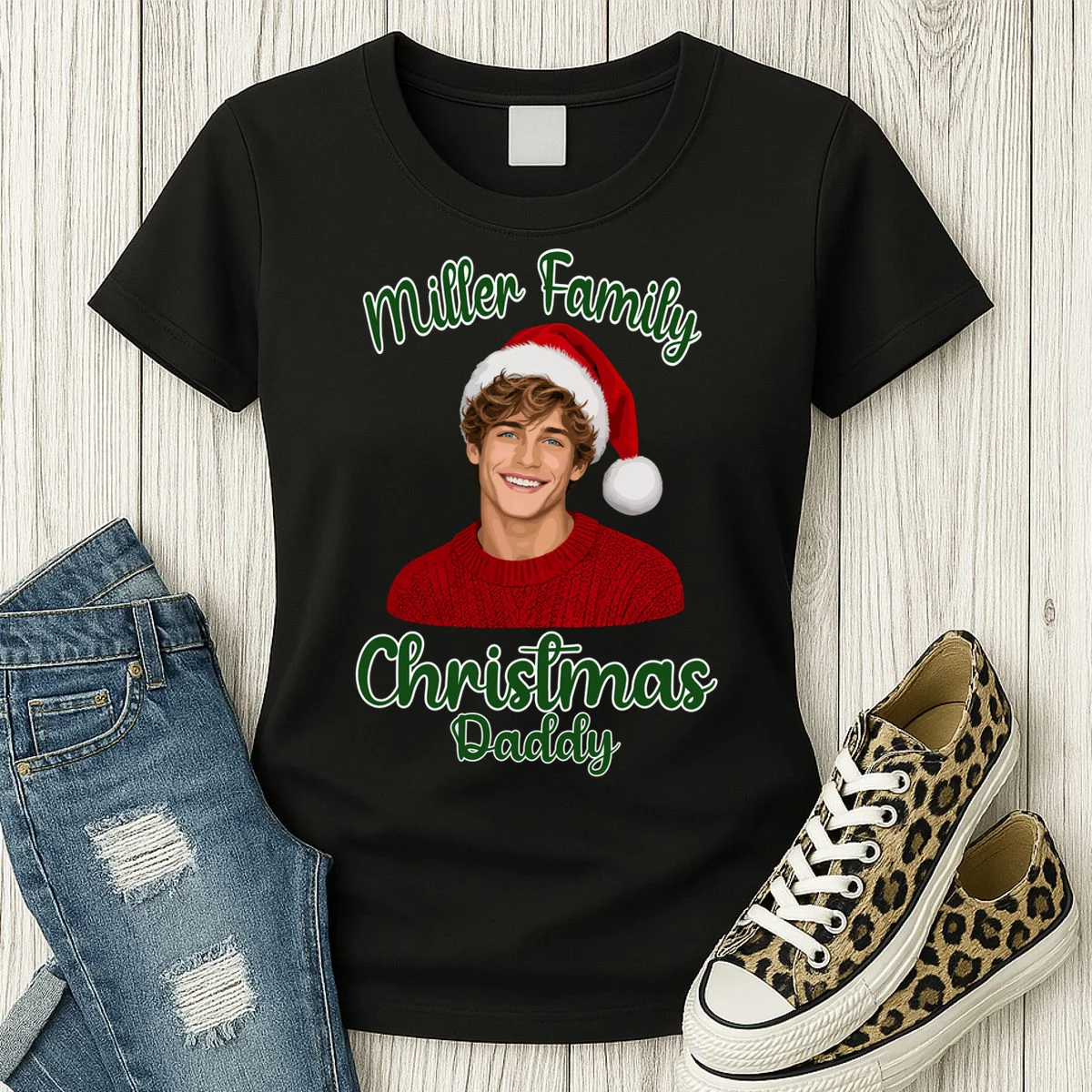 Christmas Portrait Illustration – Santa Hat & Festive Typography Women's T-Shirt - Front 2