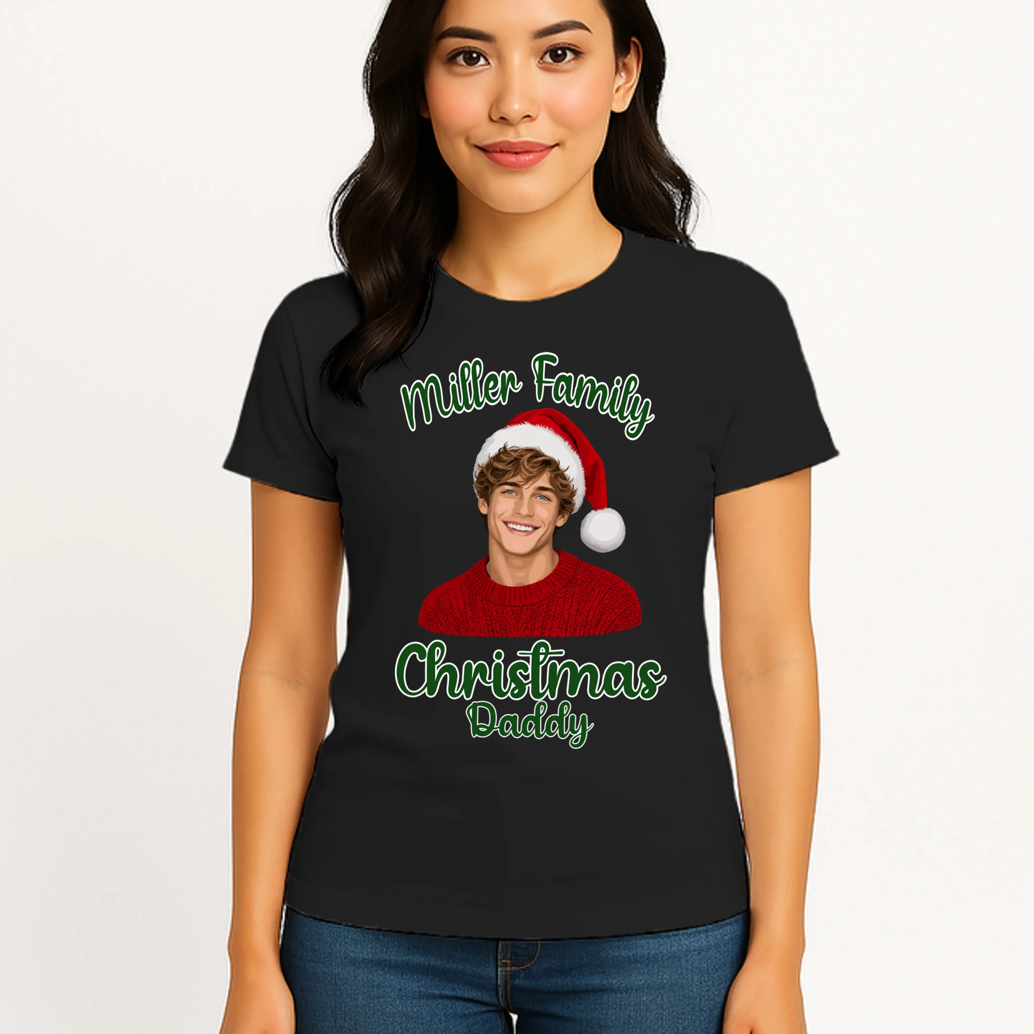 Christmas Portrait Illustration – Santa Hat & Festive Typography Women's T-Shirt - Front 3
