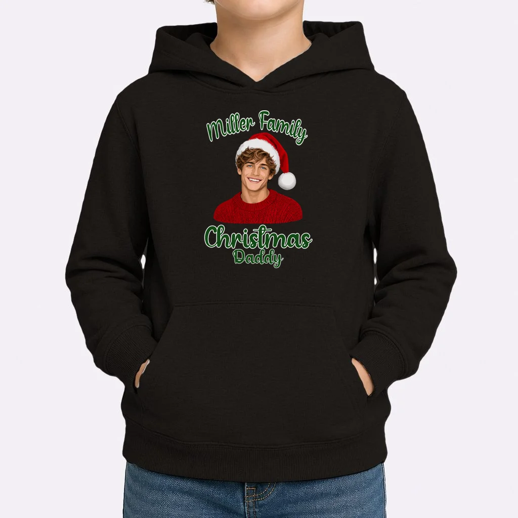 Christmas Portrait Illustration – Santa Hat & Festive Typography Kids Hoodie - Front 1