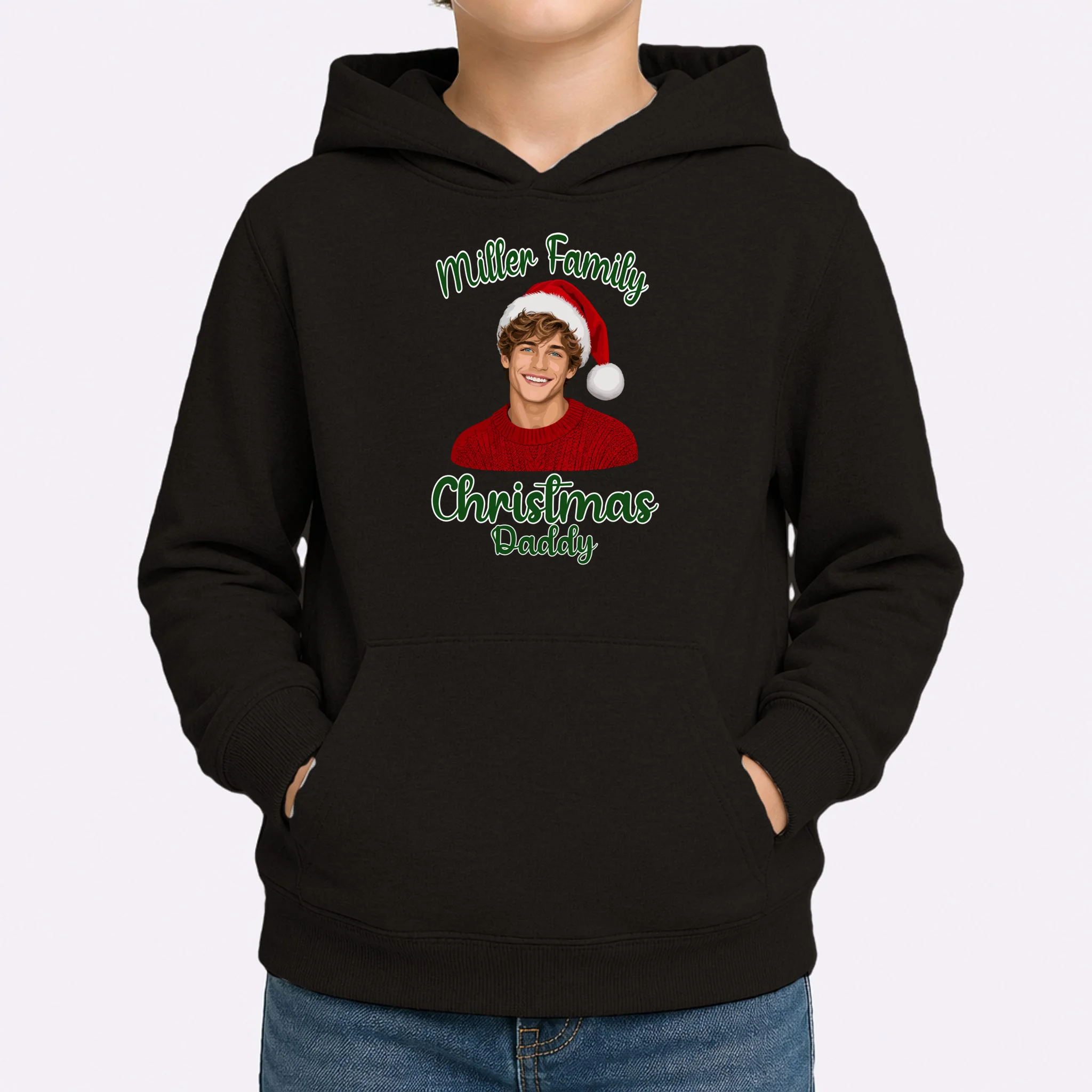 Christmas Portrait Illustration – Santa Hat & Festive Typography Kids Hoodie - Front 1