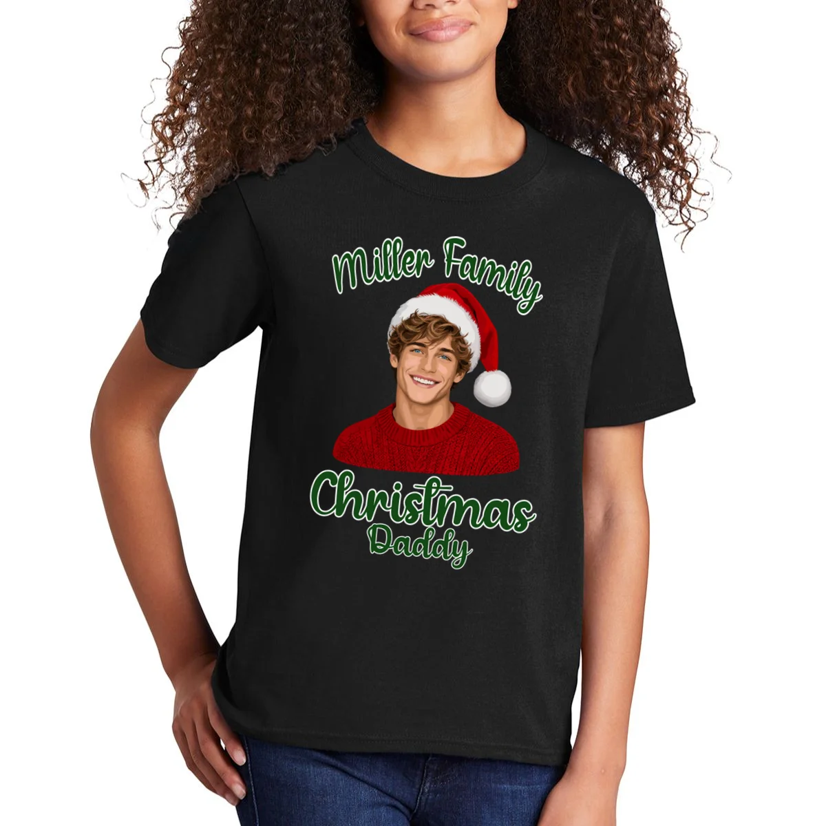 Christmas Portrait Illustration – Santa Hat & Festive Typography Kids T-Shirt - Front 1