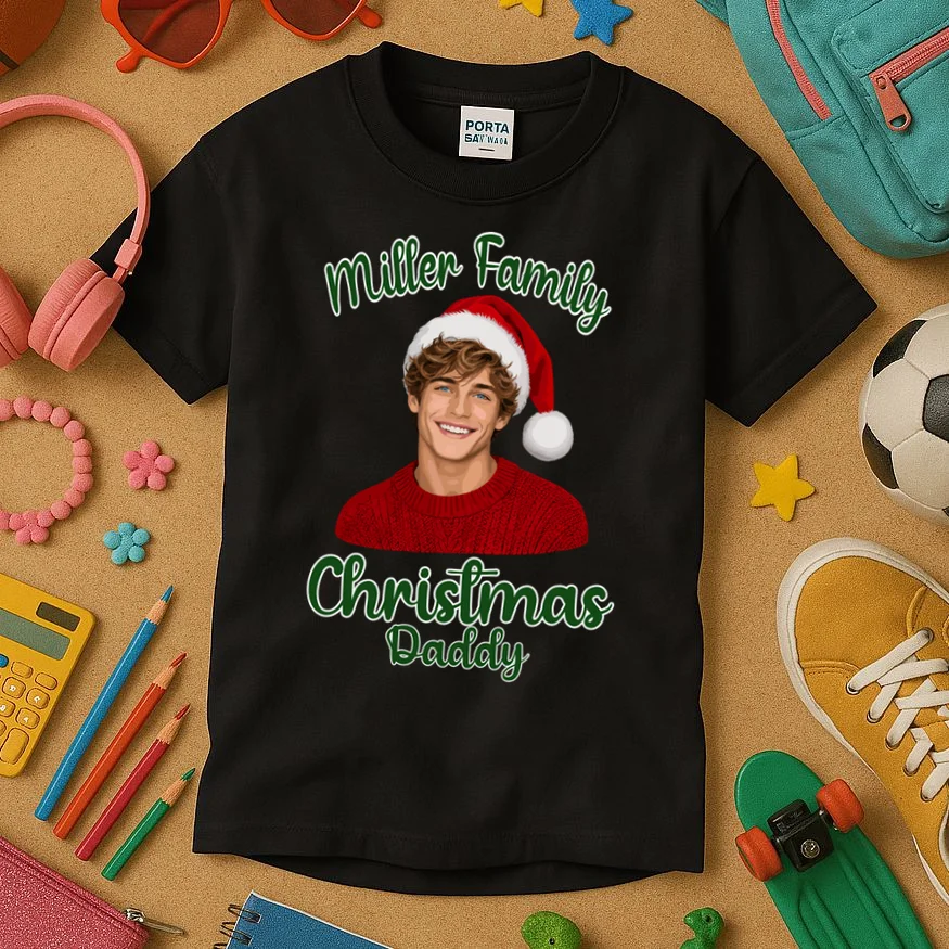Christmas Portrait Illustration – Santa Hat & Festive Typography Kids T-Shirt - Front 2