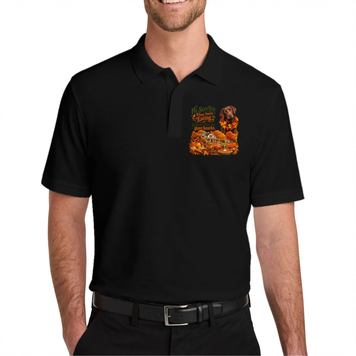 Custom Dog Thanksgiving Portrait – Personalized Pet Photo Fall Design Men's Polo - Front 1