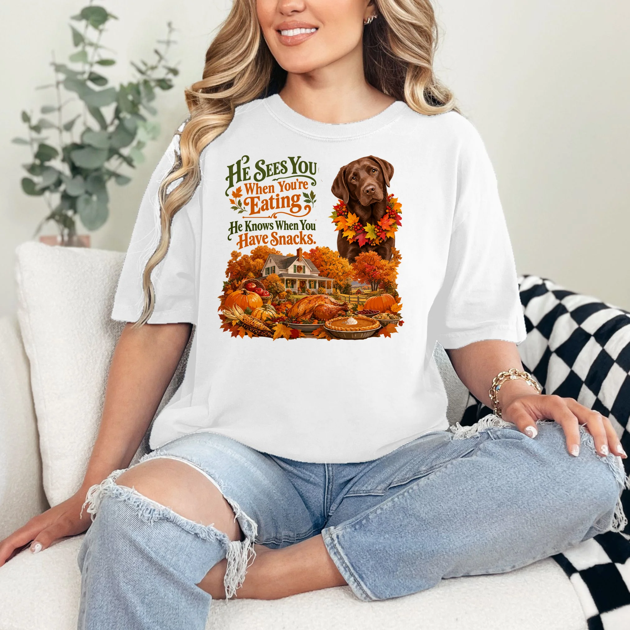 Custom Dog Thanksgiving Portrait – Personalized Pet Photo Fall Design Comfort Colors Unisex T-Shirt - Front 1