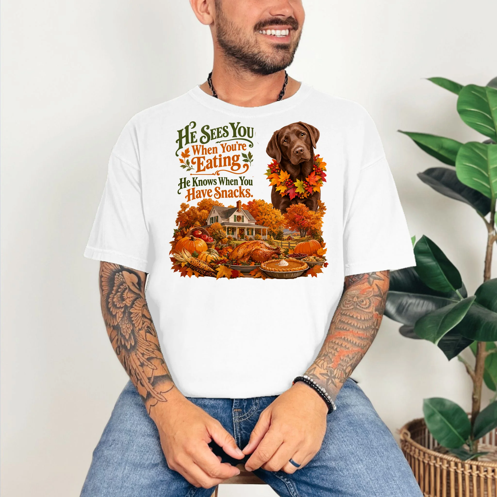 Custom Dog Thanksgiving Portrait – Personalized Pet Photo Fall Design Comfort Colors Unisex T-Shirt - Front 2