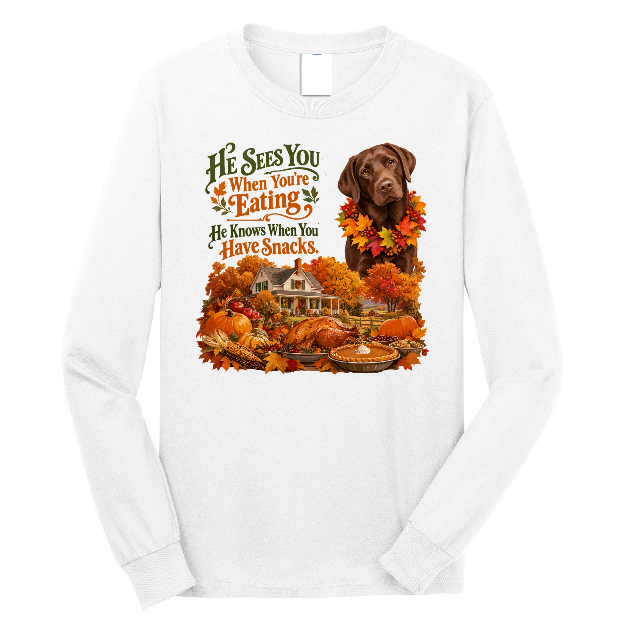 Custom Dog Thanksgiving Portrait – Personalized Pet Photo Fall Design Men's Long Sleeve Shirt Front