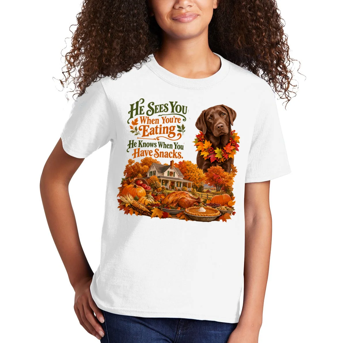 Custom Dog Thanksgiving Portrait – Personalized Pet Photo Fall Design Kids T-Shirt - Front 1