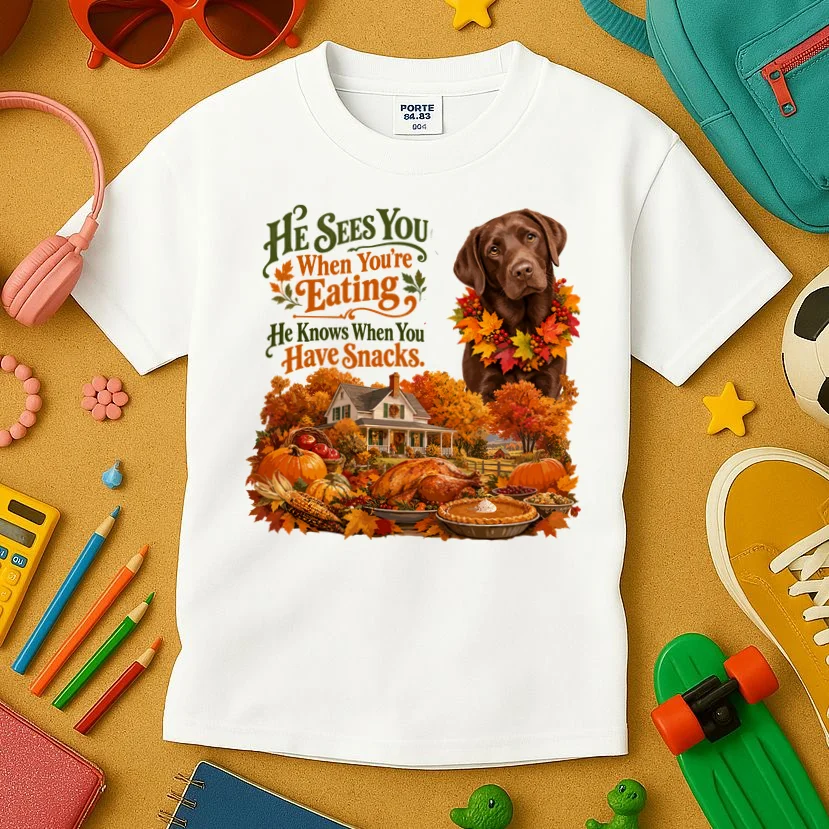 Custom Dog Thanksgiving Portrait – Personalized Pet Photo Fall Design Kids T-Shirt - Front 2