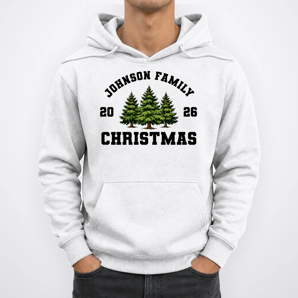 Custom Family Christmas Shirt, Personalized Matching Holiday Tees with Vintage Pine Trees Hoodie - Front 1