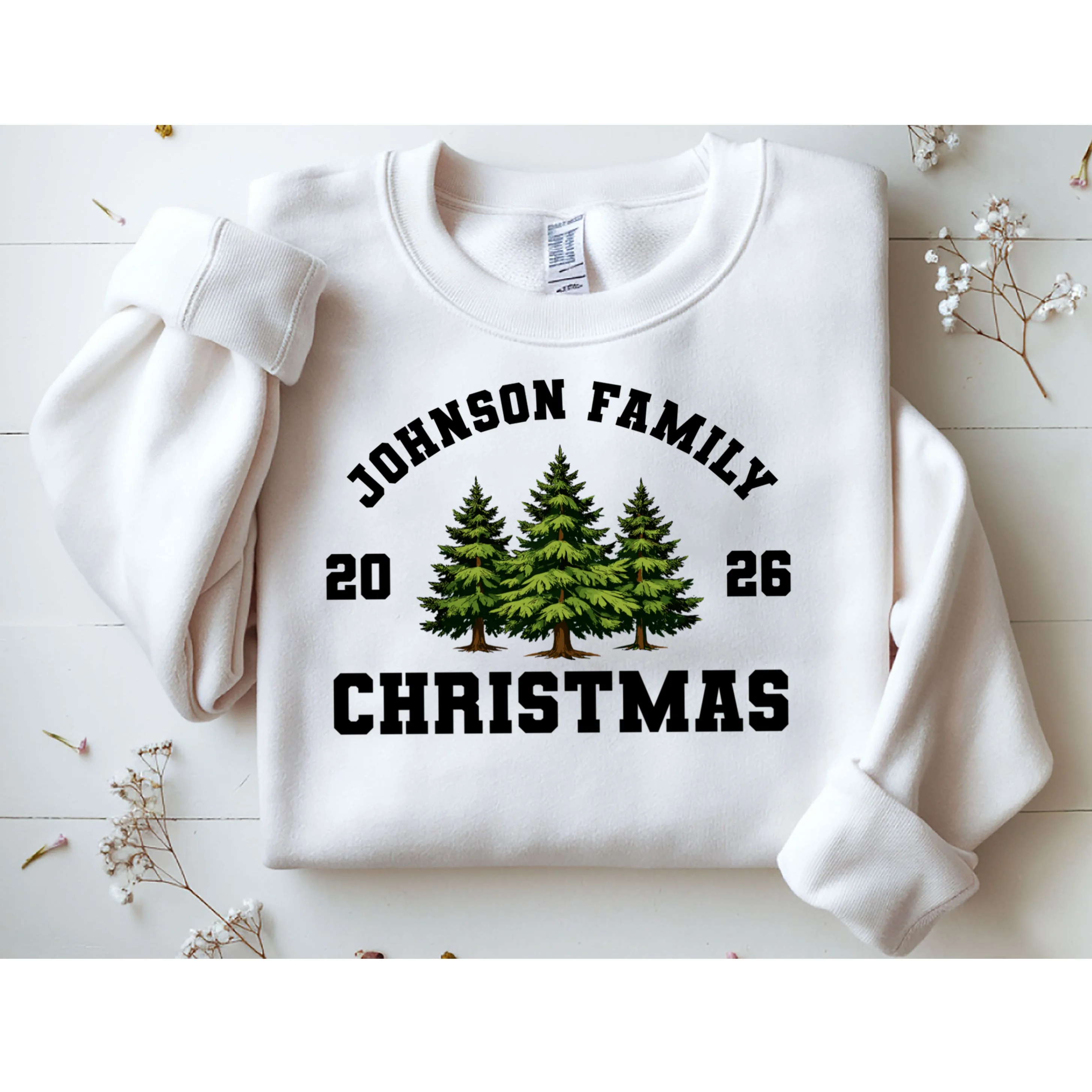 Custom Family Christmas Shirt, Personalized Matching Holiday Tees with Vintage Pine Trees Sweatshirt - Front 1