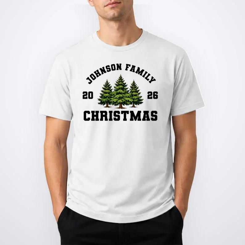 Custom Family Christmas Shirt, Personalized Matching Holiday Tees with Vintage Pine Trees T-Shirt - Front 1