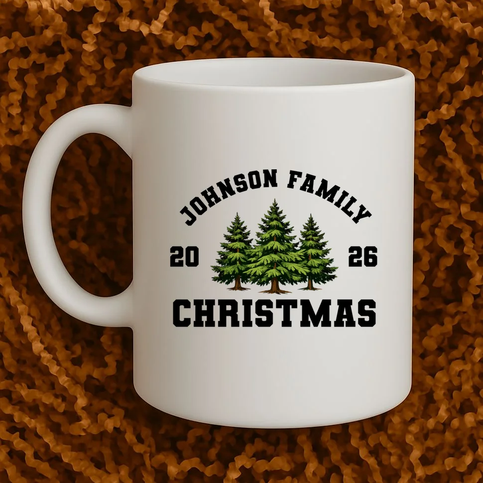Custom Family Christmas Shirt, Personalized Matching Holiday Tees with Vintage Pine Trees Coffee Mug - Front 1