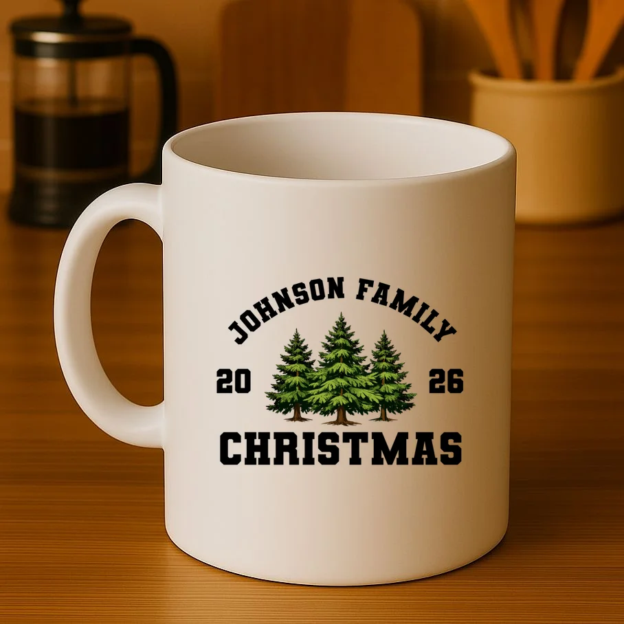 Custom Family Christmas Shirt, Personalized Matching Holiday Tees with Vintage Pine Trees Coffee Mug - Front 3