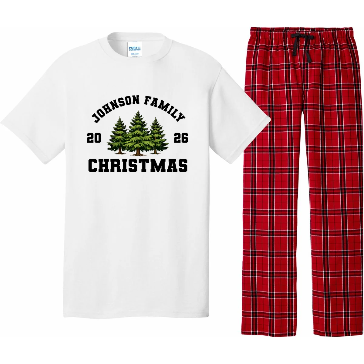 Custom Family Christmas Shirt, Personalized Matching Holiday Tees with Vintage Pine Trees Pajama Set - Front