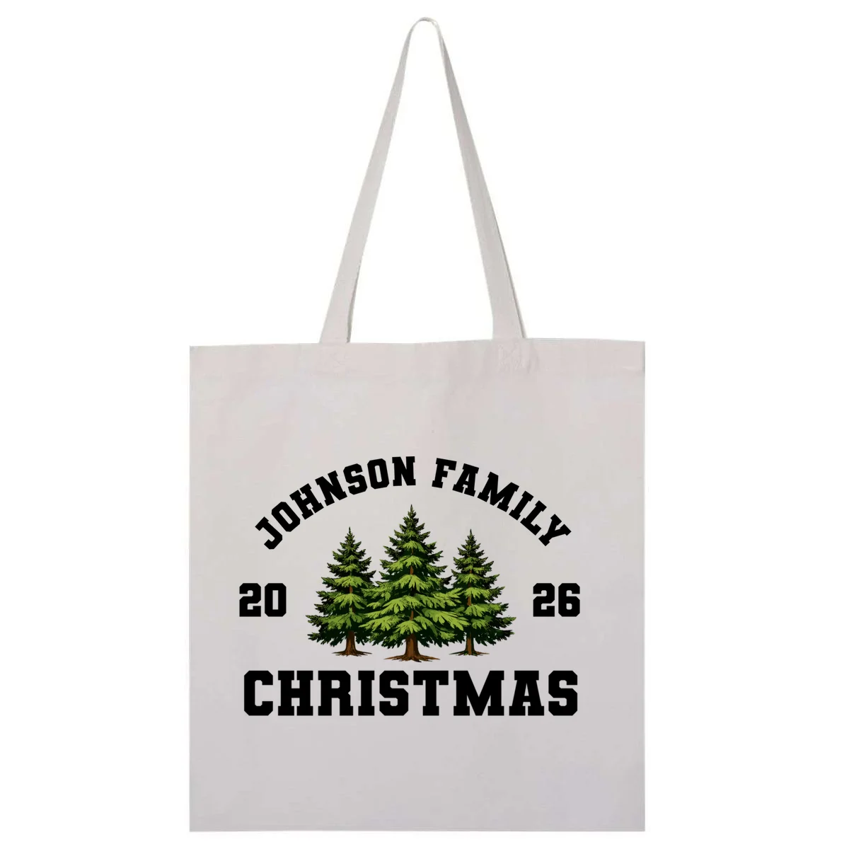 Custom Family Christmas Shirt, Personalized Matching Holiday Tees with Vintage Pine Trees Tote Bag - Front