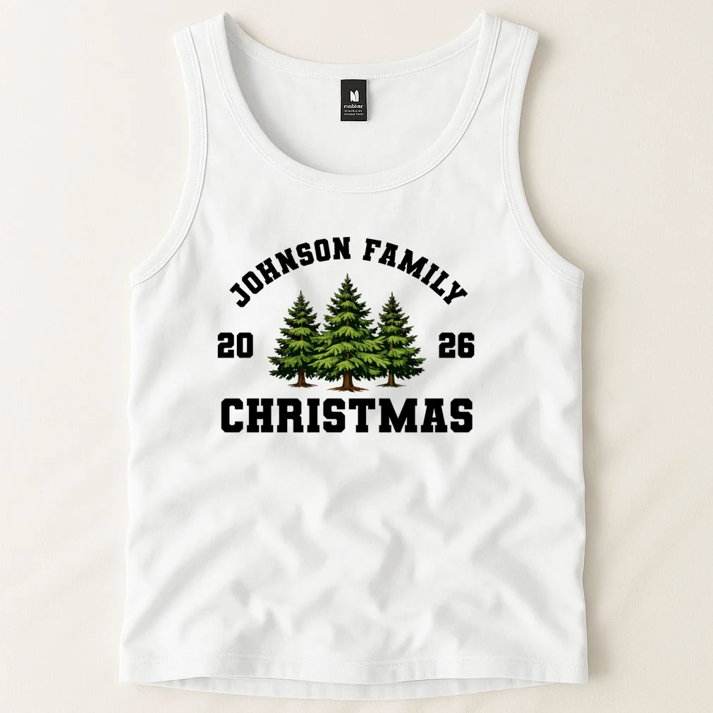Custom Family Christmas Shirt, Personalized Matching Holiday Tees with Vintage Pine Trees Tank Top - Front 1