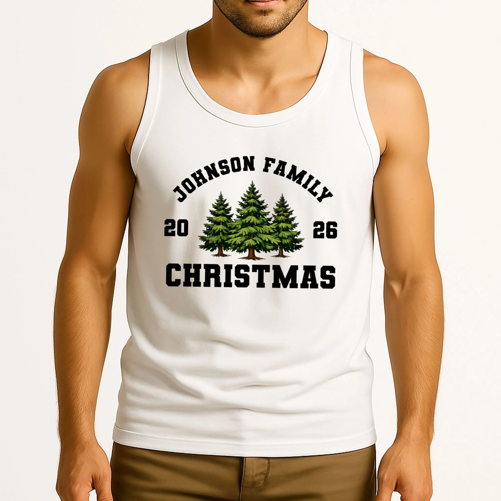 Custom Family Christmas Shirt, Personalized Matching Holiday Tees with Vintage Pine Trees Tank Top - Front 2