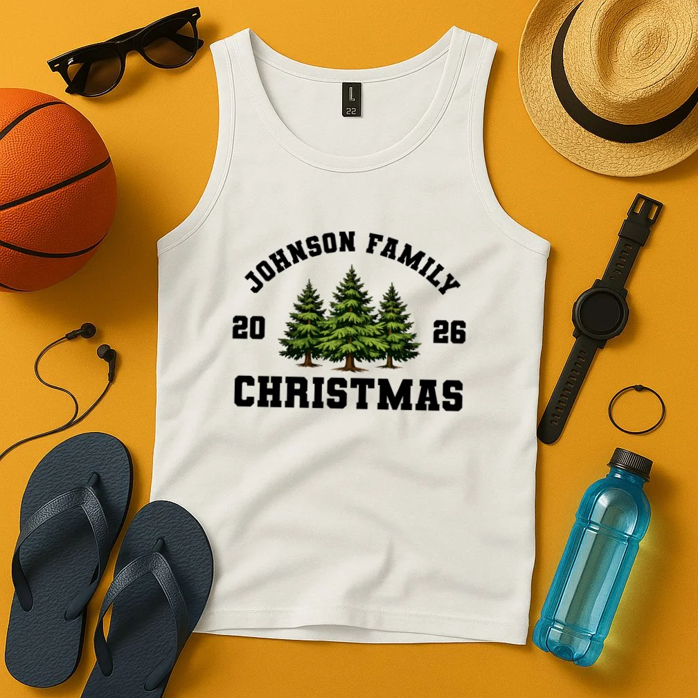 Custom Family Christmas Shirt, Personalized Matching Holiday Tees with Vintage Pine Trees Tank Top - Front 3