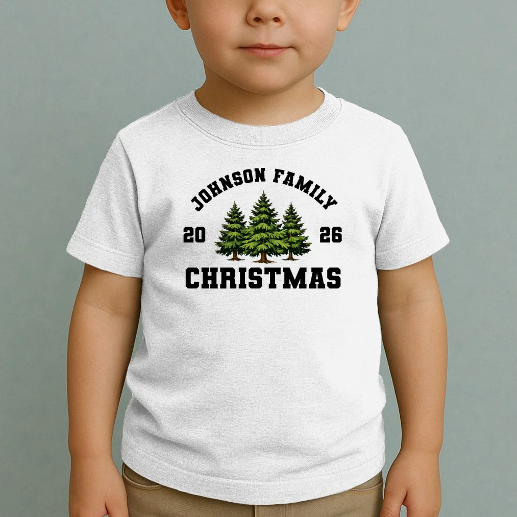 Custom Family Christmas Shirt, Personalized Matching Holiday Tees with Vintage Pine Trees Toddler T-Shirt - Front 1
