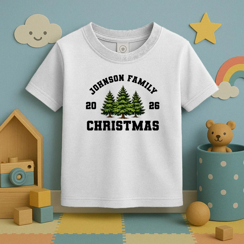 Custom Family Christmas Shirt, Personalized Matching Holiday Tees with Vintage Pine Trees Toddler T-Shirt - Front 2